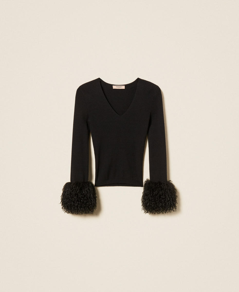 Maglia a coste con faux fur Nero Donna 262TT3261_00006_S0