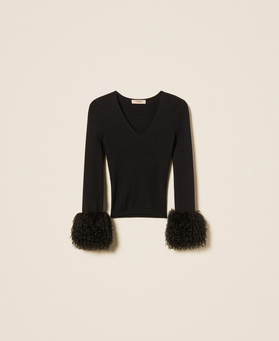 Pull c&ocirc;tel&eacute; avec fausse fourrure Noir Femme 262TT3261_00006_S0
