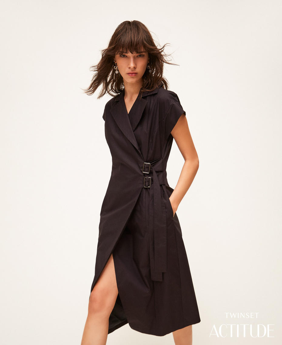 Robe midi en popeline recycl&eacute;e Noir Femme 261AP2086_00006_PA