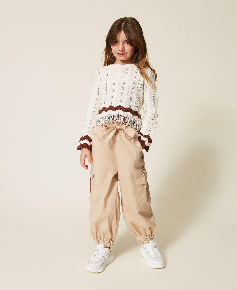 Maglia girocollo con zig-zag e frange Bicolor Milk / Marrone "Dark Root" Bambina 261GJ3024_13198_T0