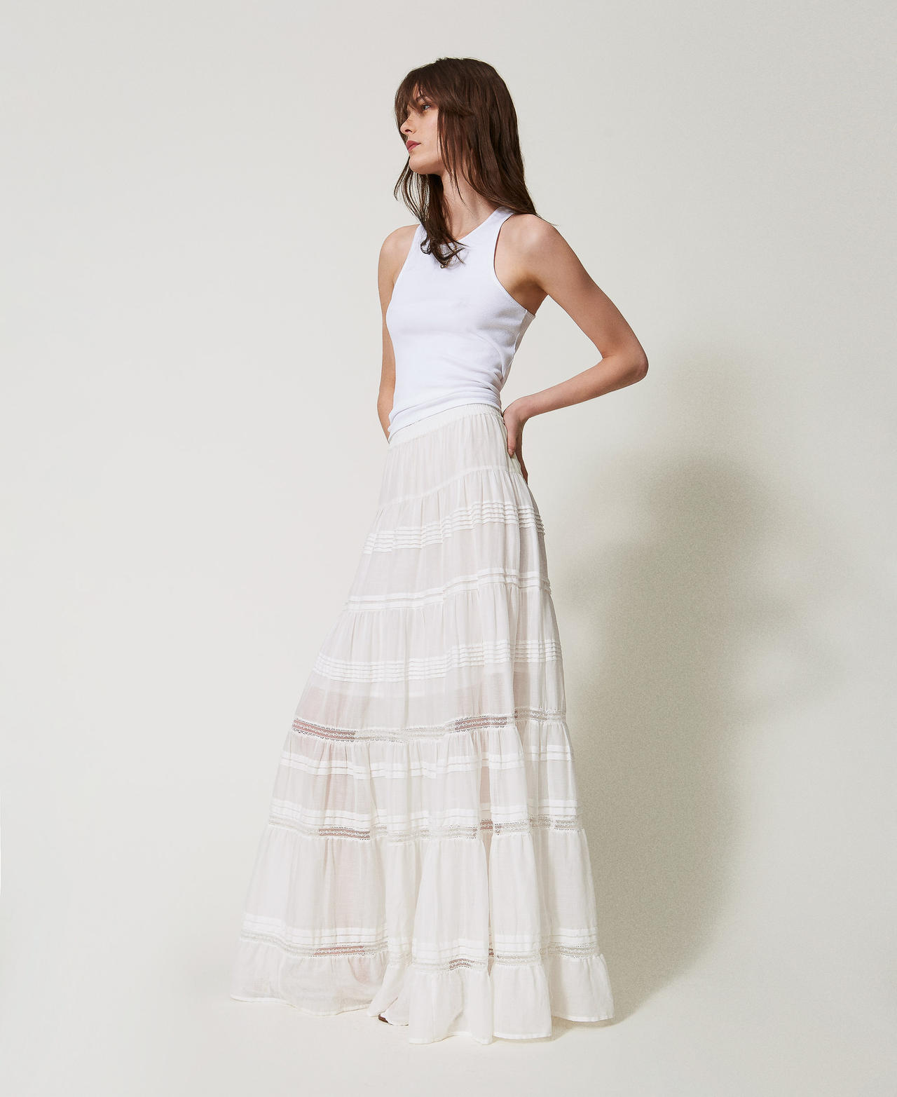 Gonna lunga in mussola a balze Bianco Sugar Donna 251LM2WEE_00632_02