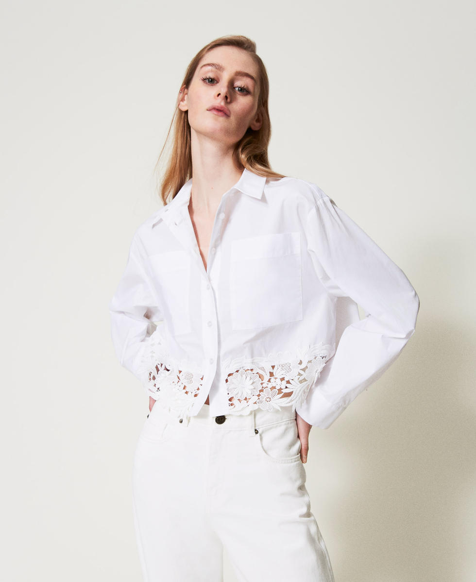 Boxy poplin shirt with lace Woman, White | TWINSET Milano