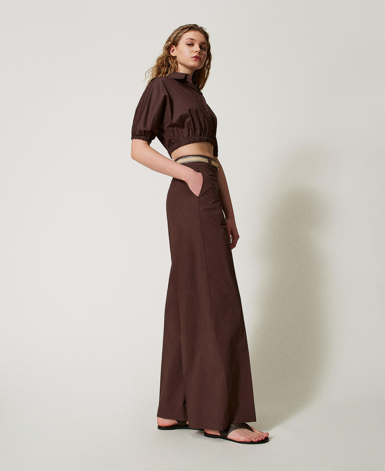Palazzo trousers in poplin with belt Coffee Woman 251TT2105_00203_02