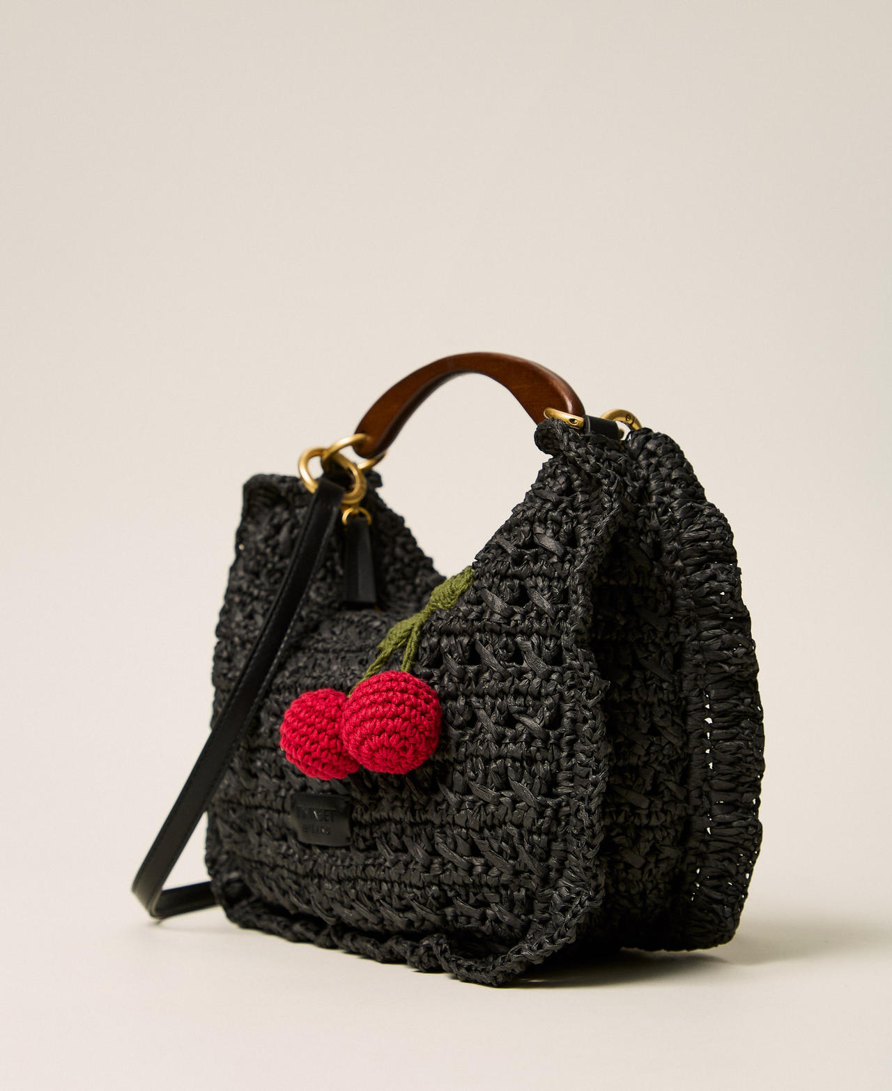 Crochet raffia Croissant bag with cherries Black Woman 261TD8301_00006_02