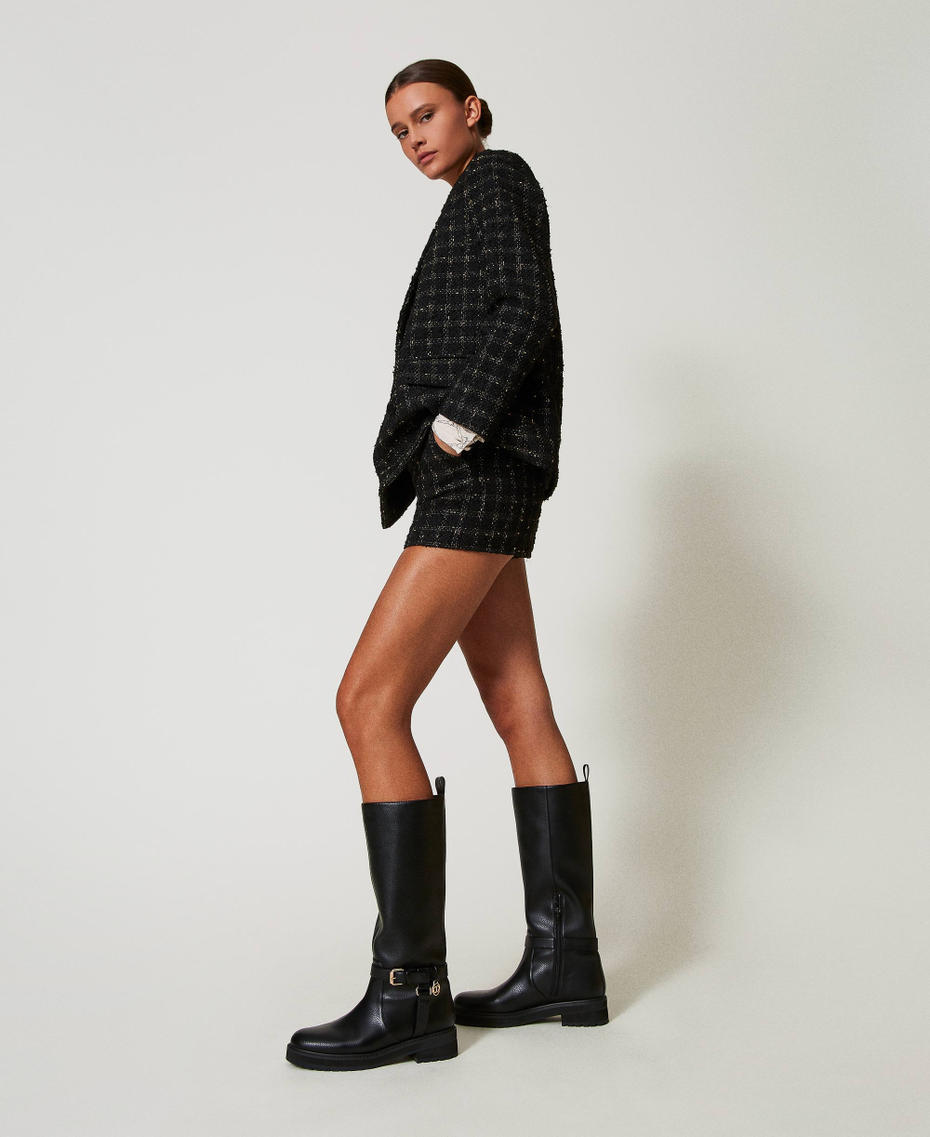 Leather biker boots with Oval T Black Woman 242TGT172_00006_S0