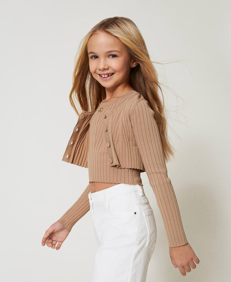 Cropped ribbed cardigan with Oval T Beige Hemp Girl 251GJ3405_00310_02