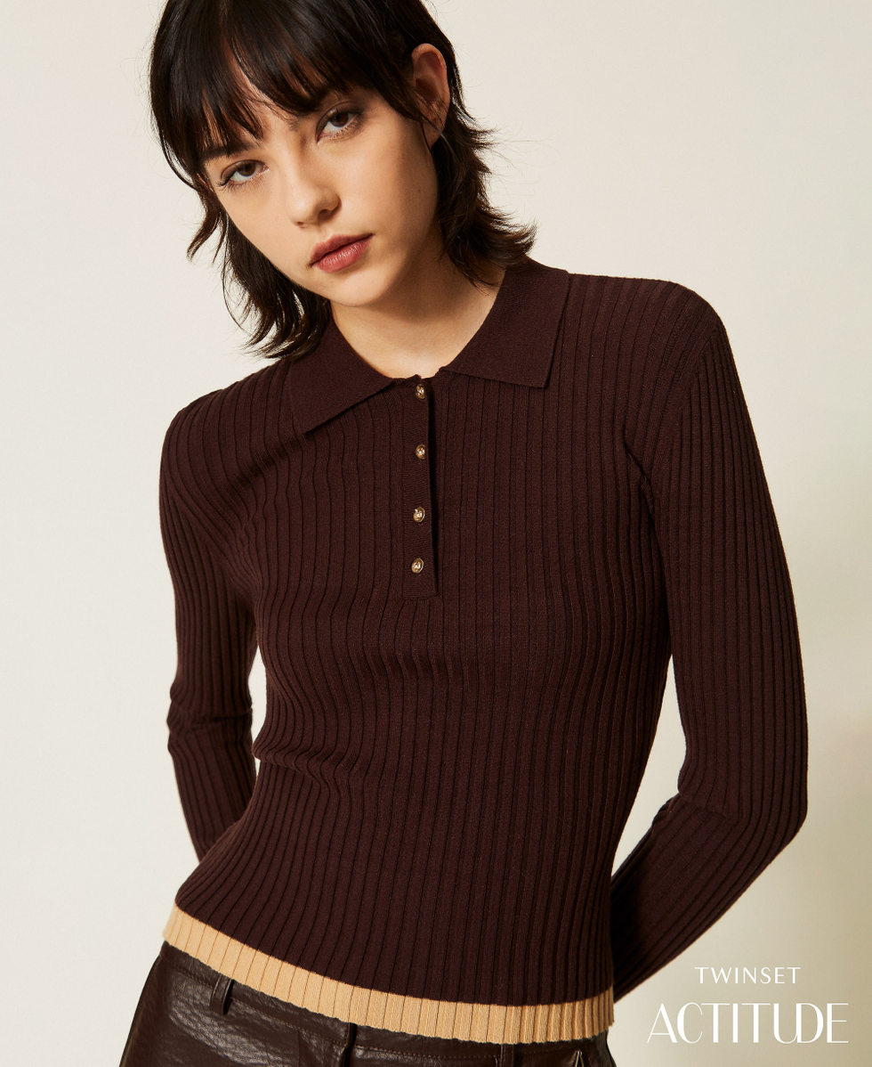 Rib-knit polo jumper Two-tone Chocolate Plum/"Iced Coffee" Brown Woman 262AP3212_13760_PA