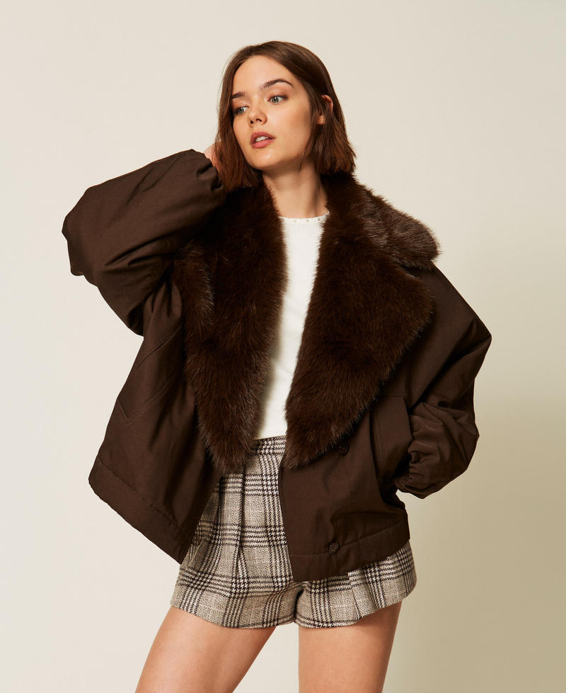 Gabardine jacket with faux fur collar Darkness Brown Woman 262TP2181_13411_01