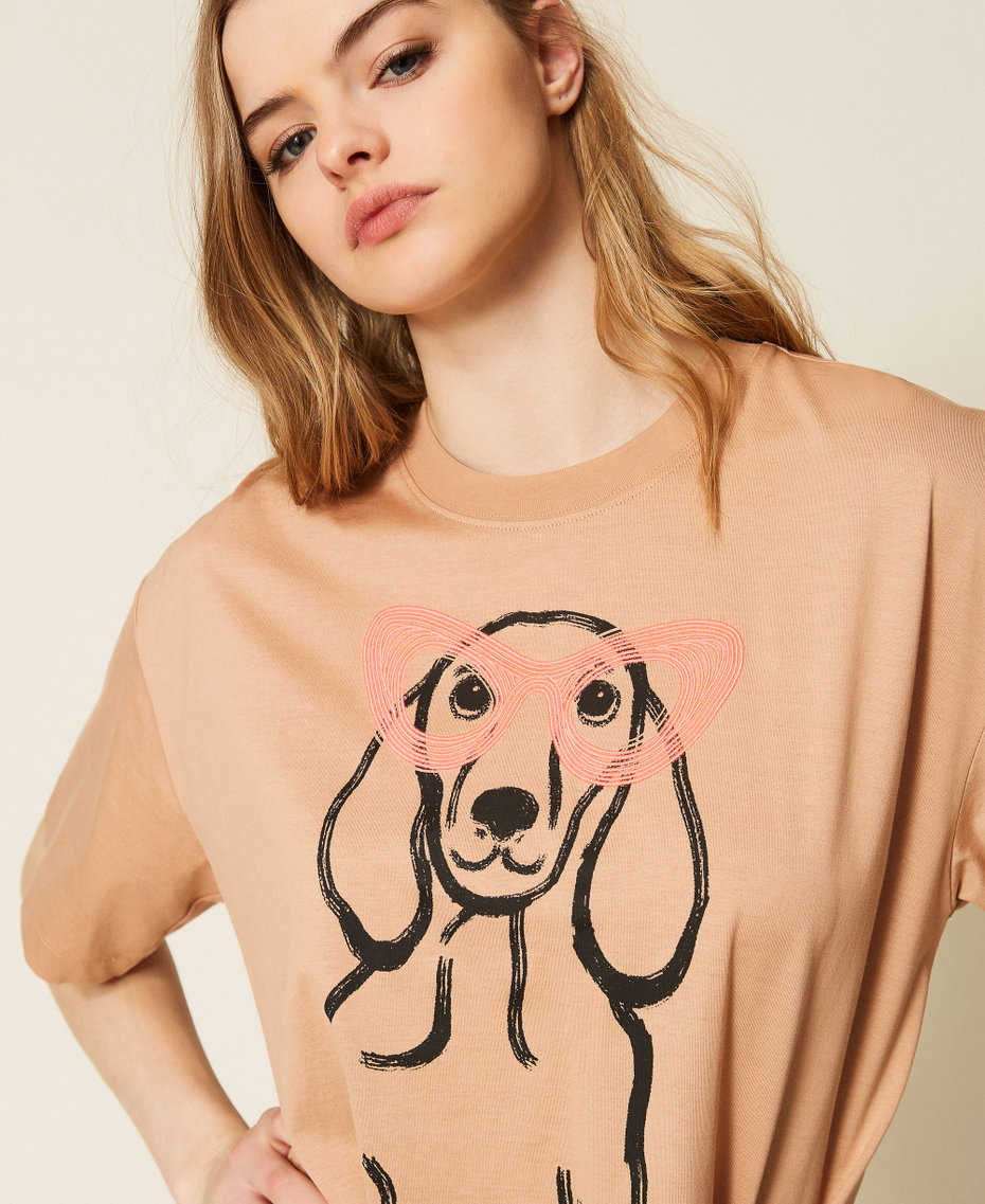 MYFO oversize T-shirt with print and embroidery Dachshund Nude Beige Woman 261AQ2010_13570_04