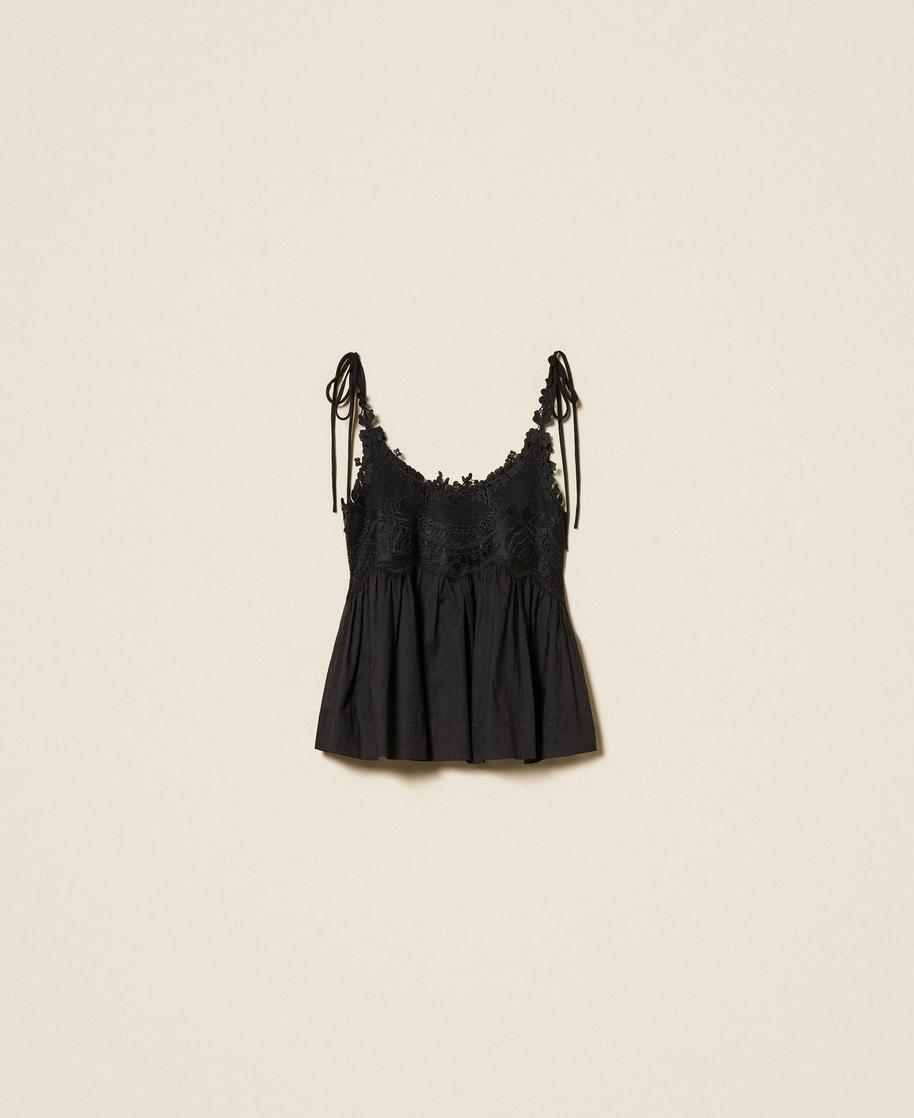 Muslin top with lace Woman, Black | TWINSET Milano