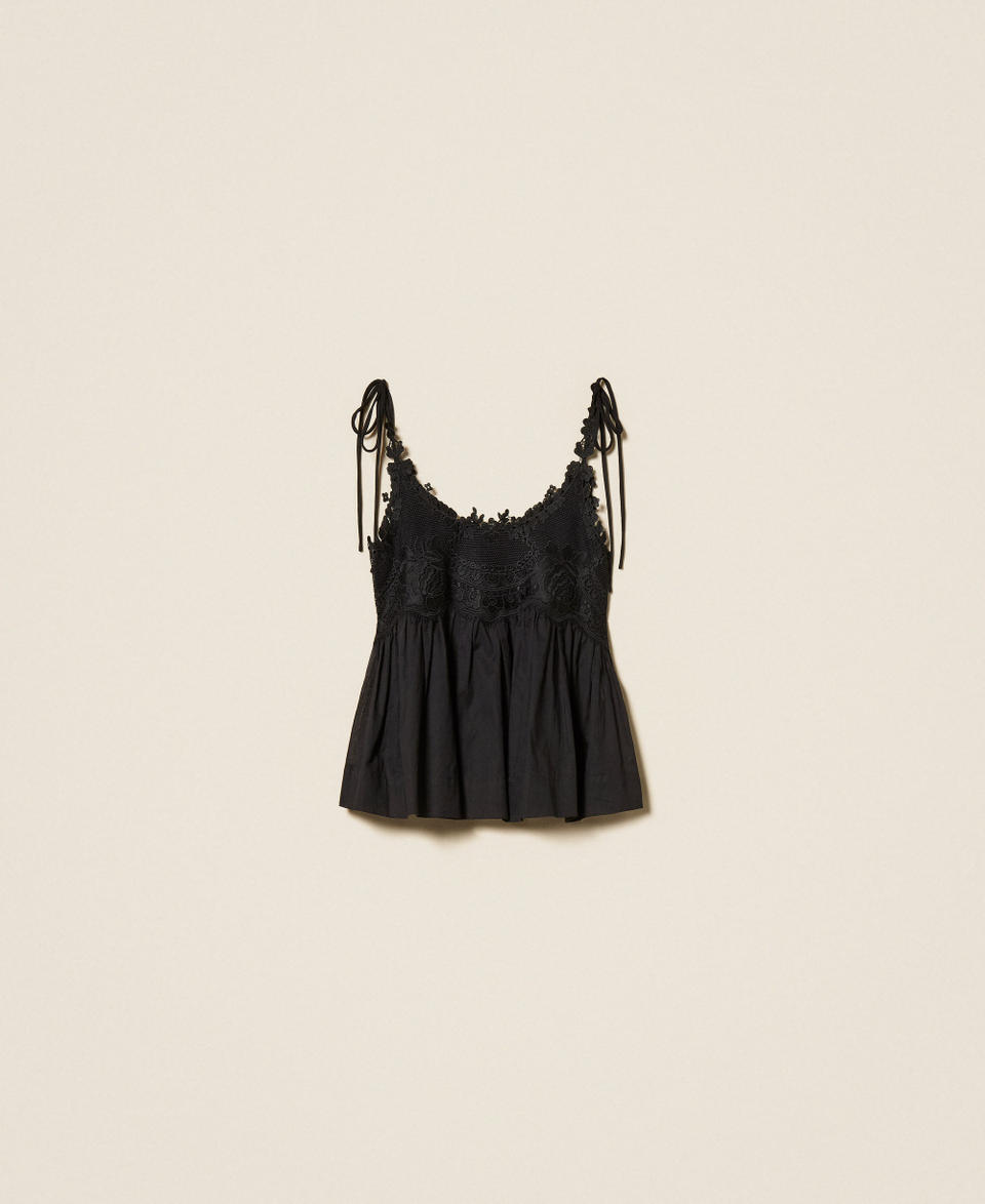 Muslin top with lace Woman, Black | TWINSET Milano