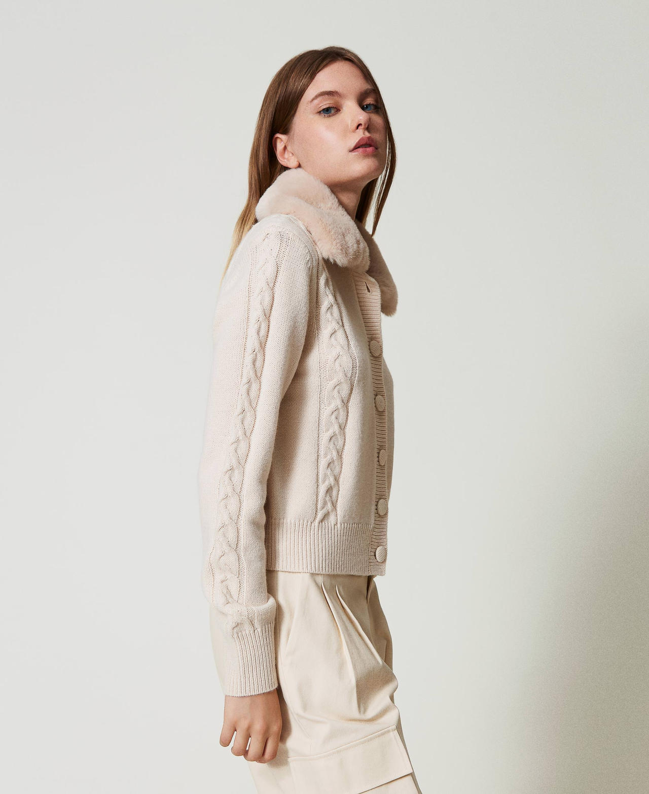 Short cardigan with faux fur collar Pink Cloud Pink Woman 242AT3230_00231_02