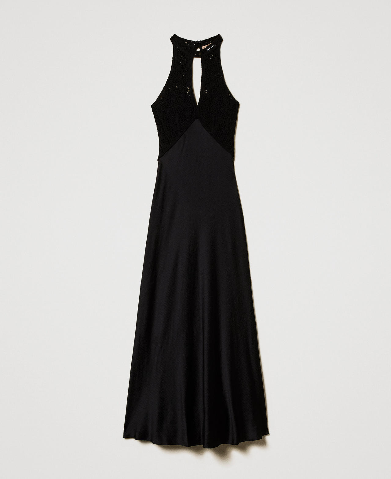Long satin dress with crochet bodice Black Woman 251TT2080_00006_0S
