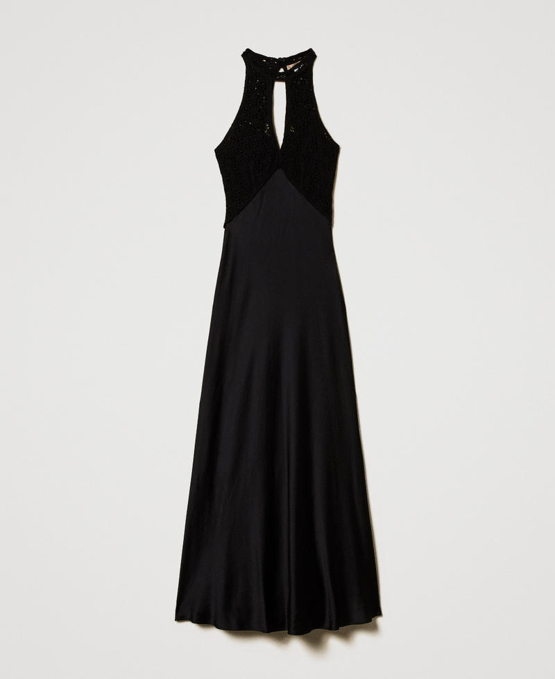 Long satin dress with crochet bodice Black Woman 251TT2080_00006_0S