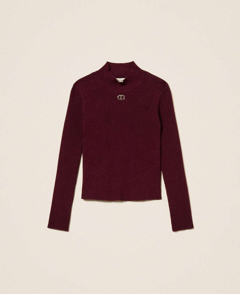 Pull col montant côtelé avec Oval T Rouge Bordeaux Fille 252GJ3042_04218_S0