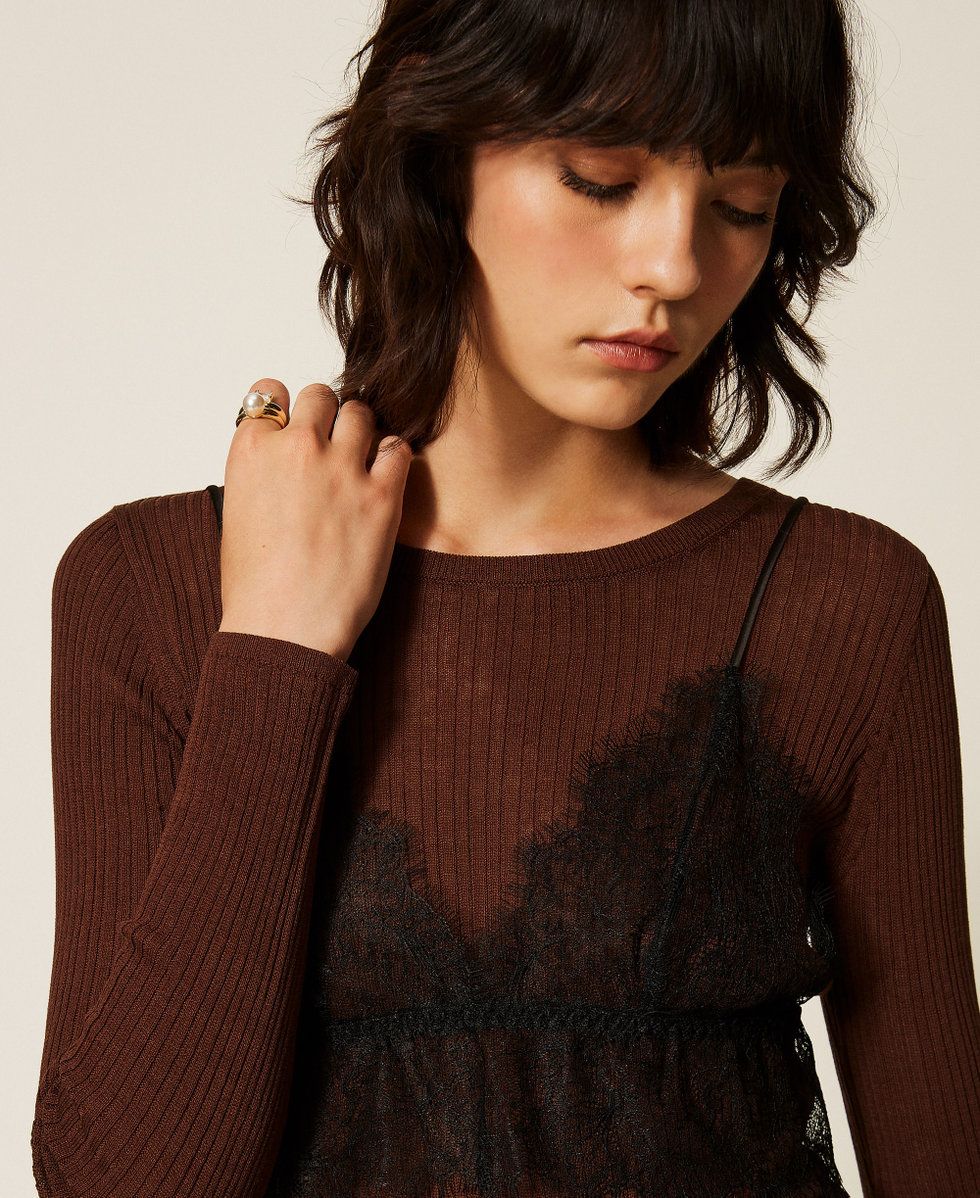 Pull en soie m&eacute;lang&eacute;e avec top Bicolore Marron "Dark Coffee" Fonc&eacute;/Noir Femme 262TP3010_13887_PD