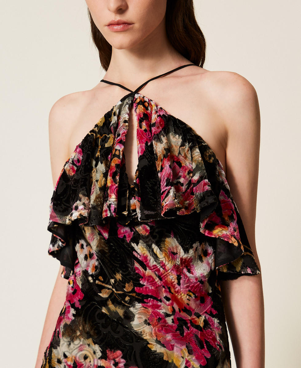 Silk blend velvet floral dress Black/Magenta Floral Print Woman 252TS2330_13099_04