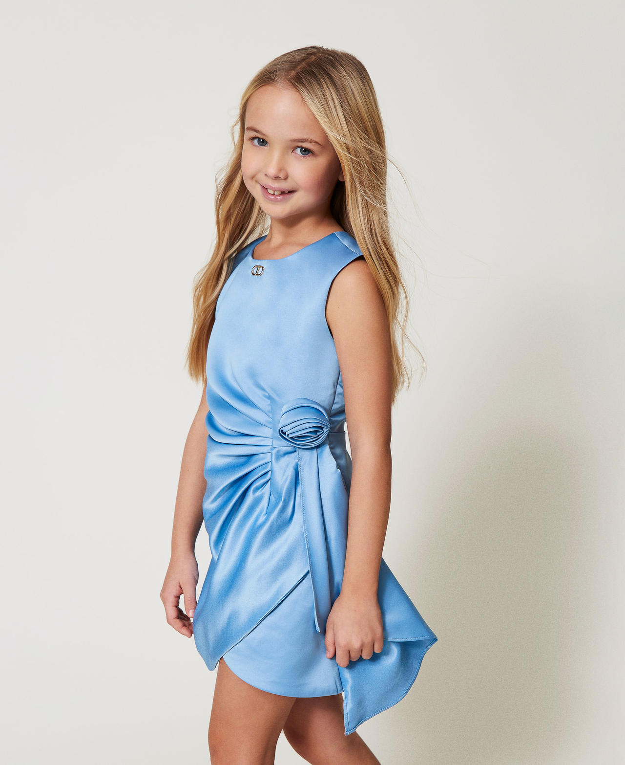 Short duchesse dress with rose Light Paper Blue Girl 251GJ2501_12148_02