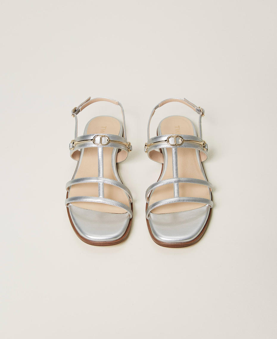 Laminated sandals with Oval T clasp Silver Woman 251TCP086_00995_04