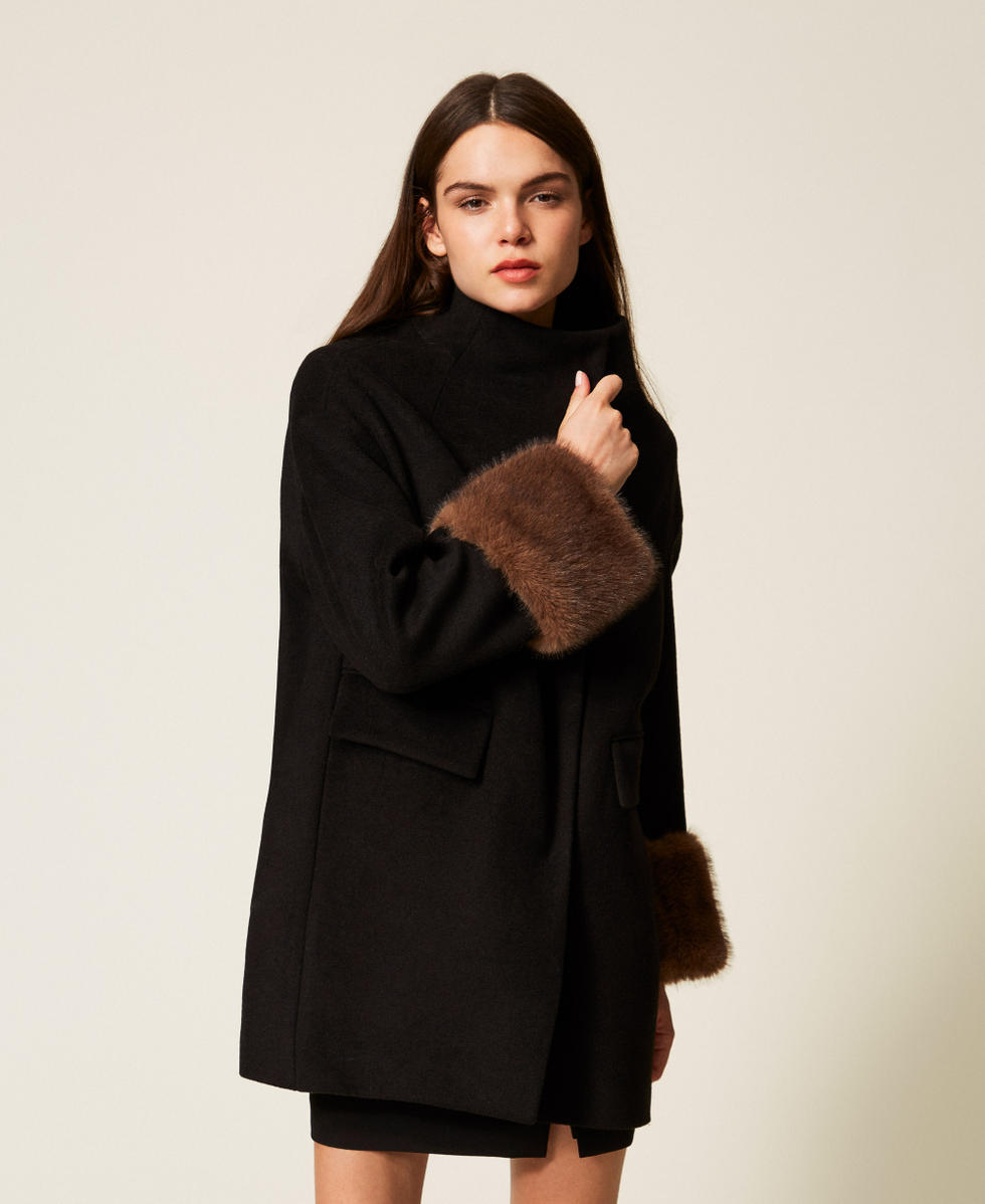 Velour wool cloth coat with faux fur Woman, Black | TWINSET Milano