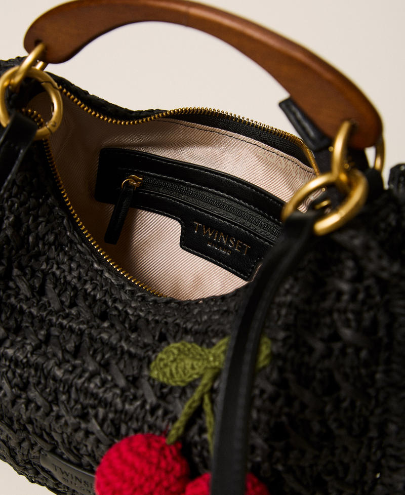 Crochet raffia Croissant bag with cherries Black Woman 261TD8301_00006_04