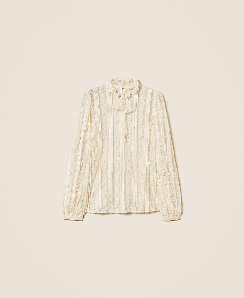 Striped lace blouse with bow Mother Of Pearl Woman 261TP2541_00059_S0