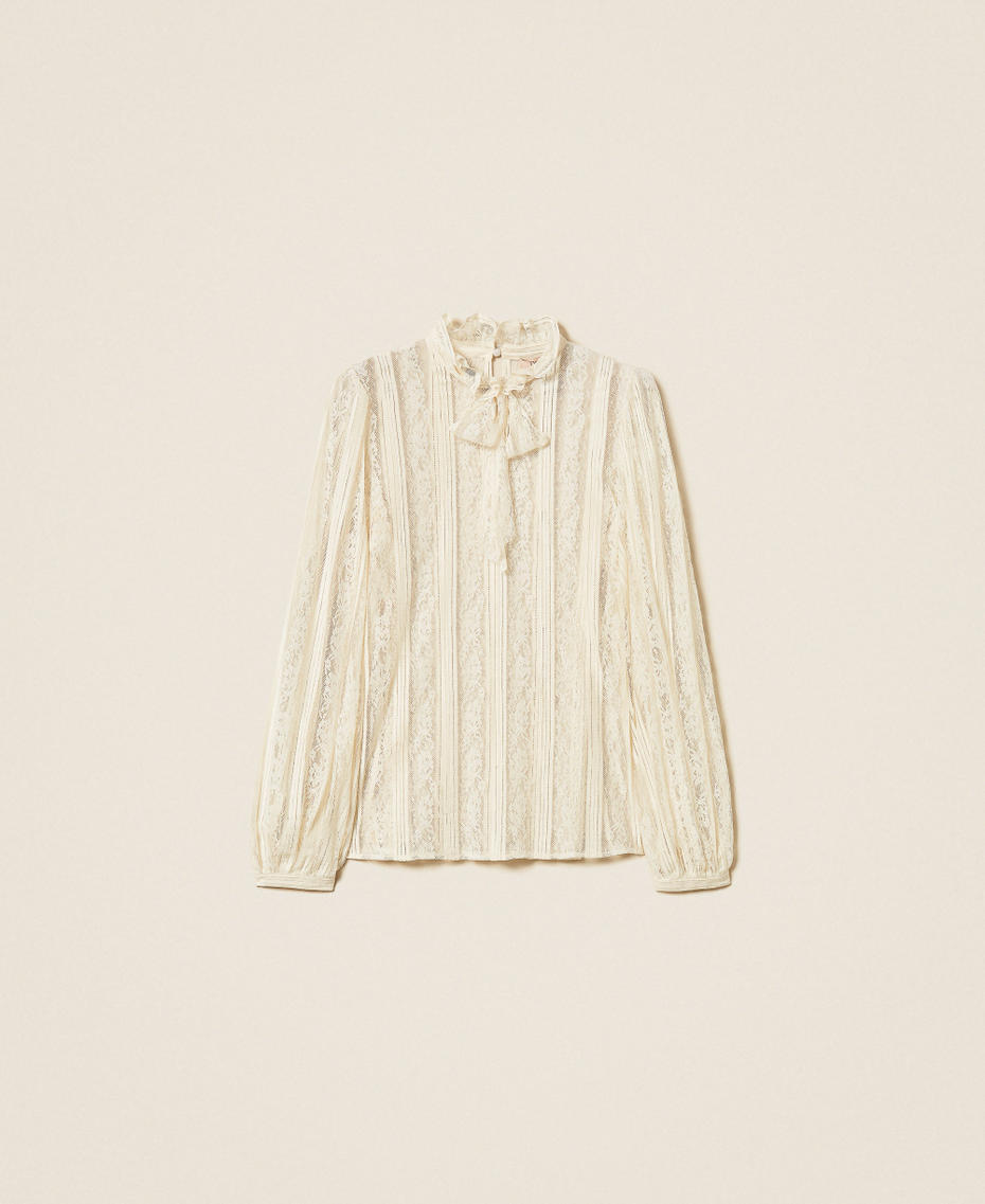 Striped lace blouse with bow Mother Of Pearl Woman 261TP2541_00059_S0