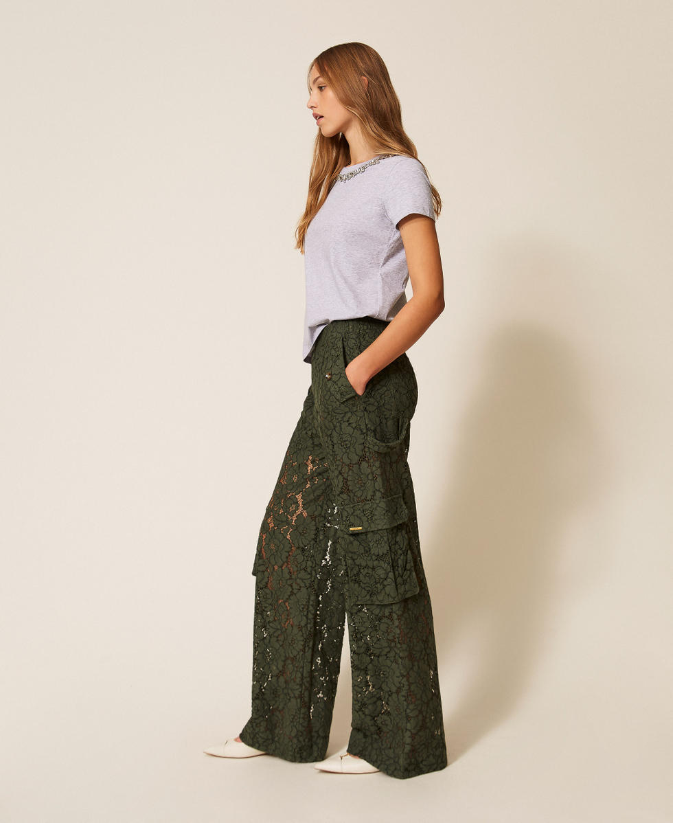 Pantal&oacute;n cargo de encaje rebrod&eacute; Verde &laquo;Thyme&raquo; Mujer 261LL2AGG_12843_02