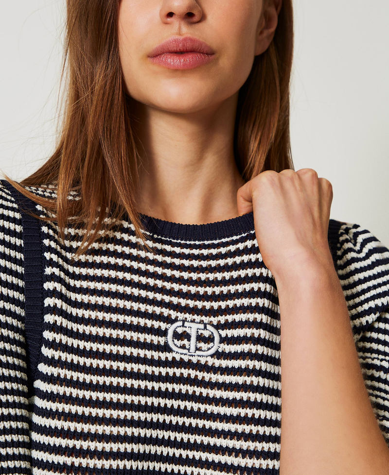 Pull à rayures avec Oval T brodé Bicolore Neige/Blue Night Femme 251TP3323_12261_04