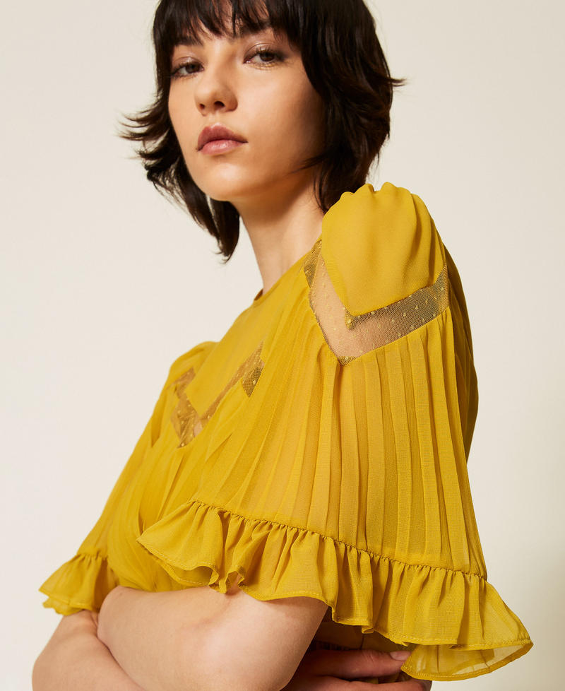 Short pleated chiffon dress with tulle Mustard Yellow Woman 262TP2691_12607_04