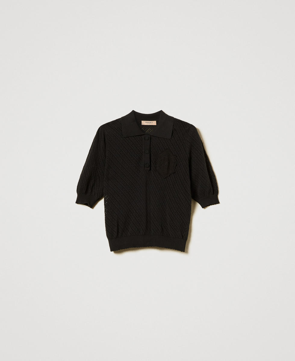 Knit polo shirt with embroidered patch