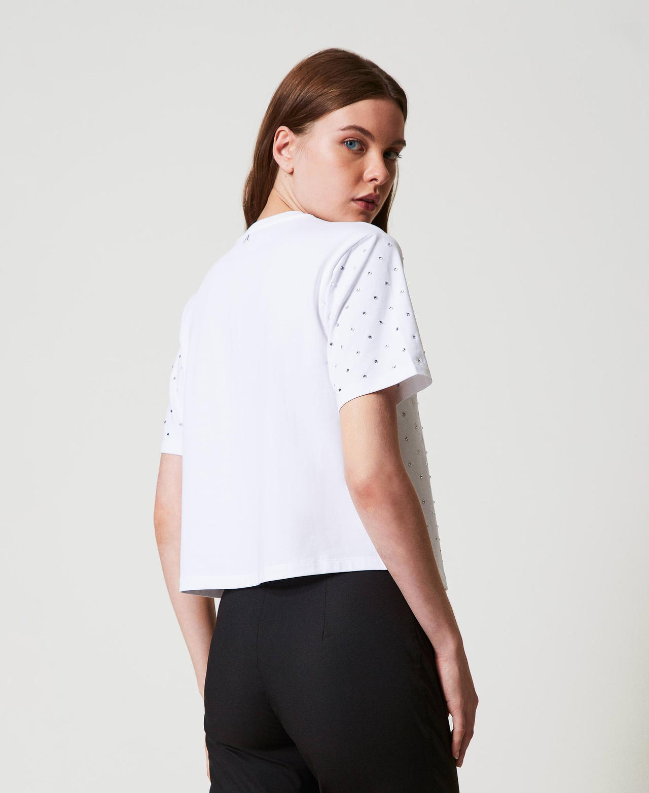 Boxy T-shirt with rhinestones "Papers" White Woman 251AP2210_00840_02