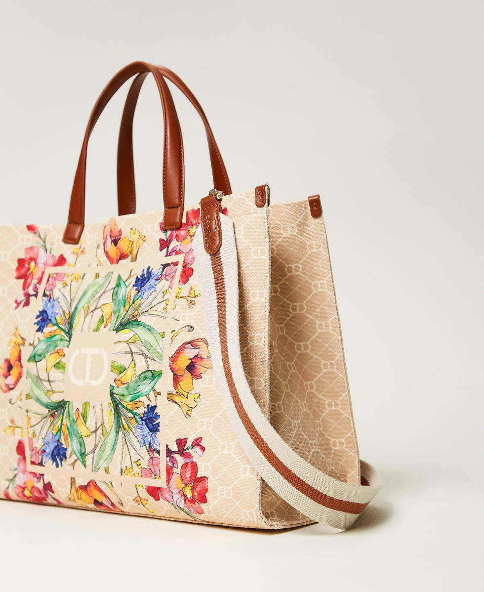 Canvas shopper bag with flower print Delicate Beige Flowers Print Woman 251TB7082_12277_02