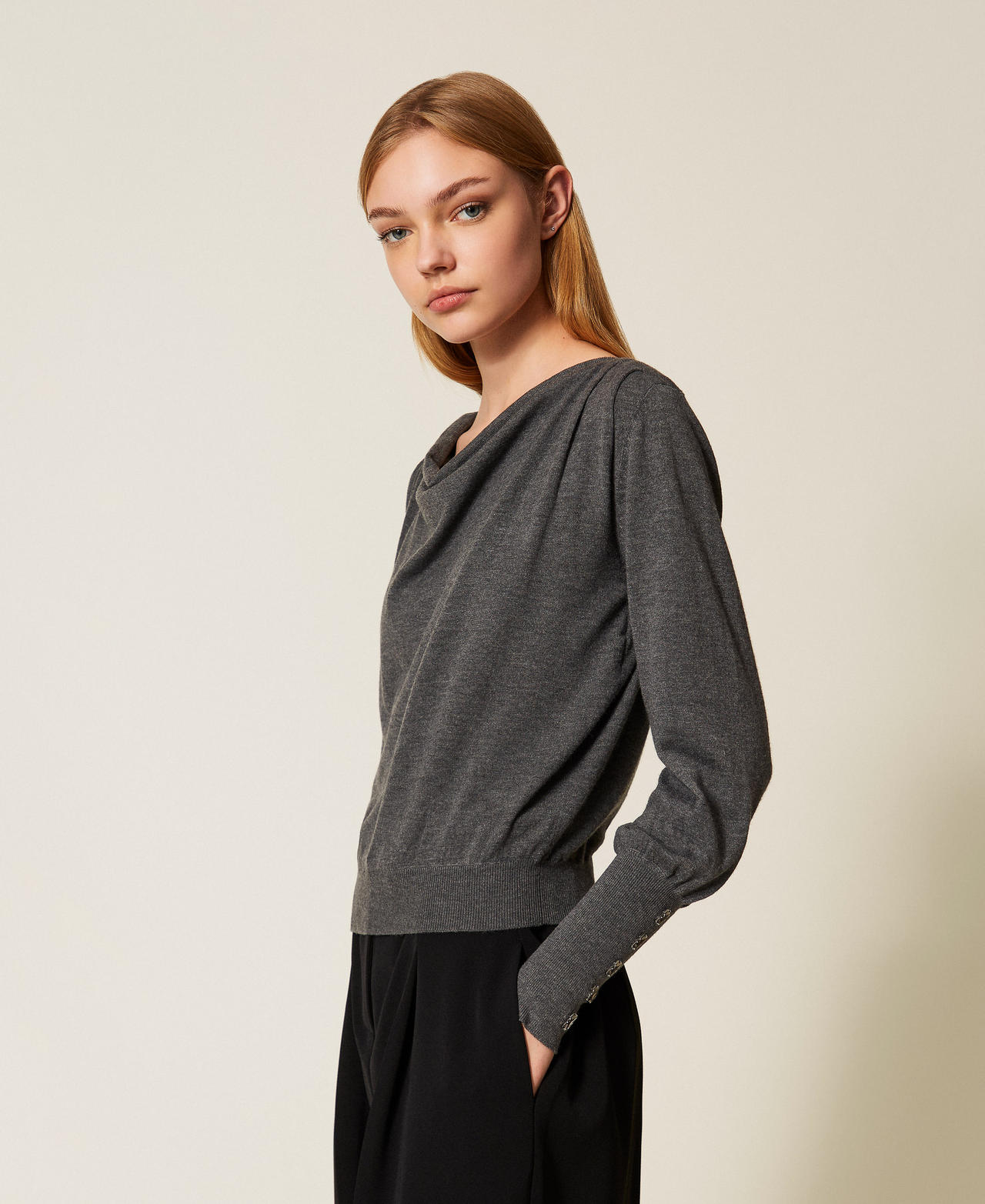 Jumper with draping and embroidery Medium Gray Mélange Woman 252AP3051_0082M_02
