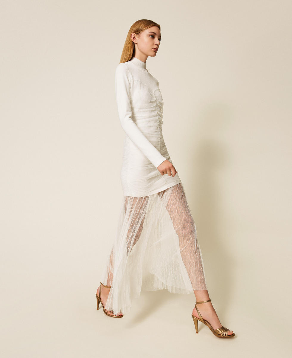 Robe longue en maille et tulle Blanc Neige Femme 252TT3262_00282_02