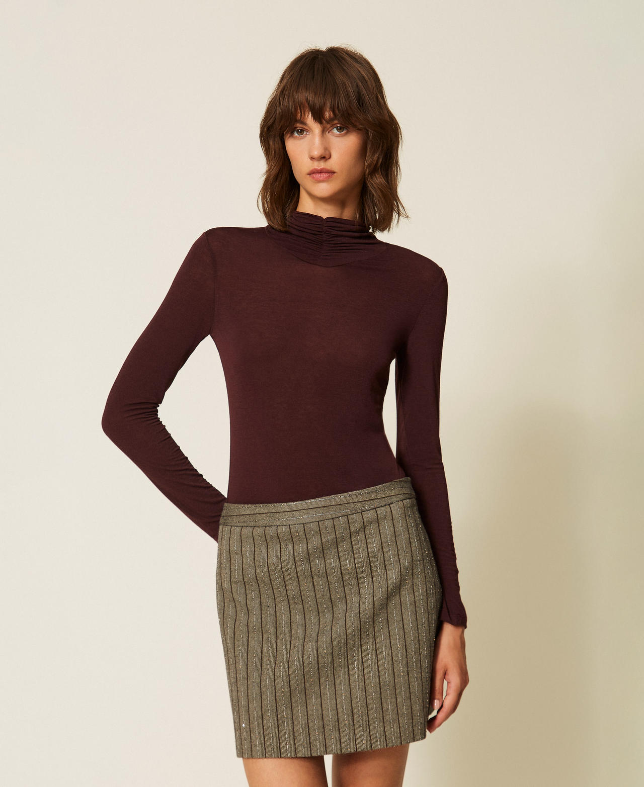 Twinset Women's "Wine Tasting" Purple Turtleneck Top With Draping