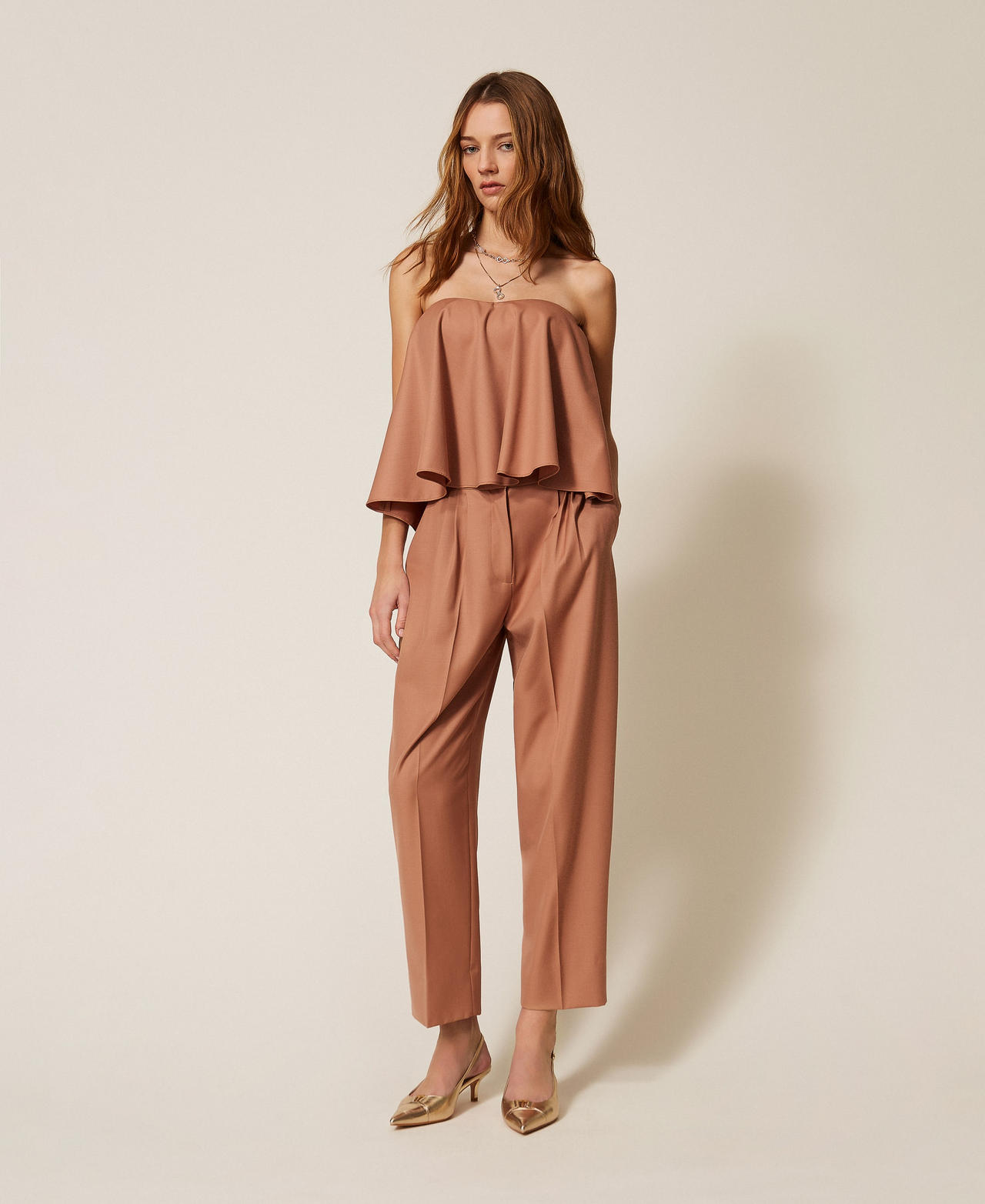 Cool wool cropped trousers Mocha Mousse Brown Woman 261TP2181_13168_01