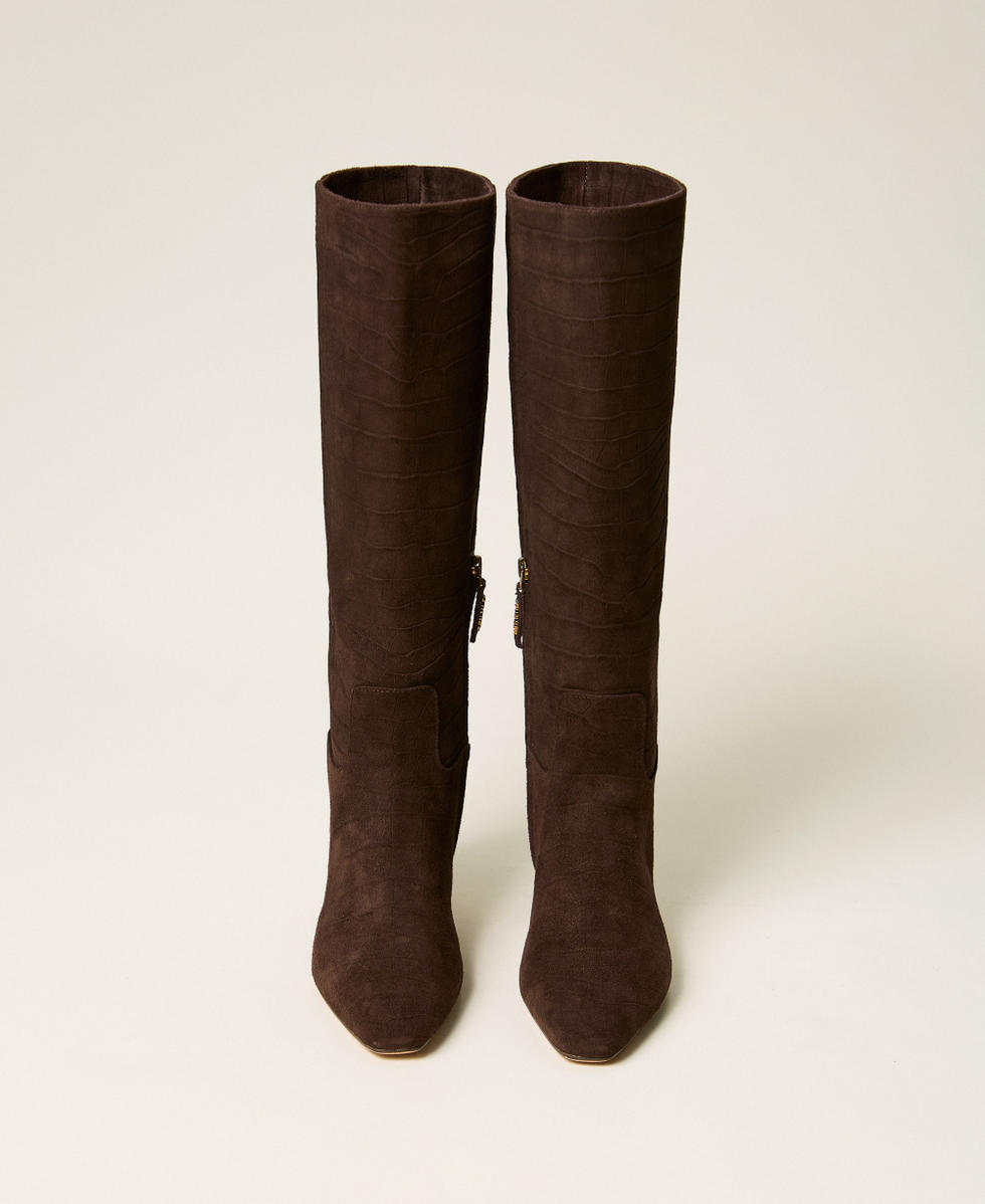 Crocodile print suede high boots Coffee Croc Print Woman 262TGT080_14043_04