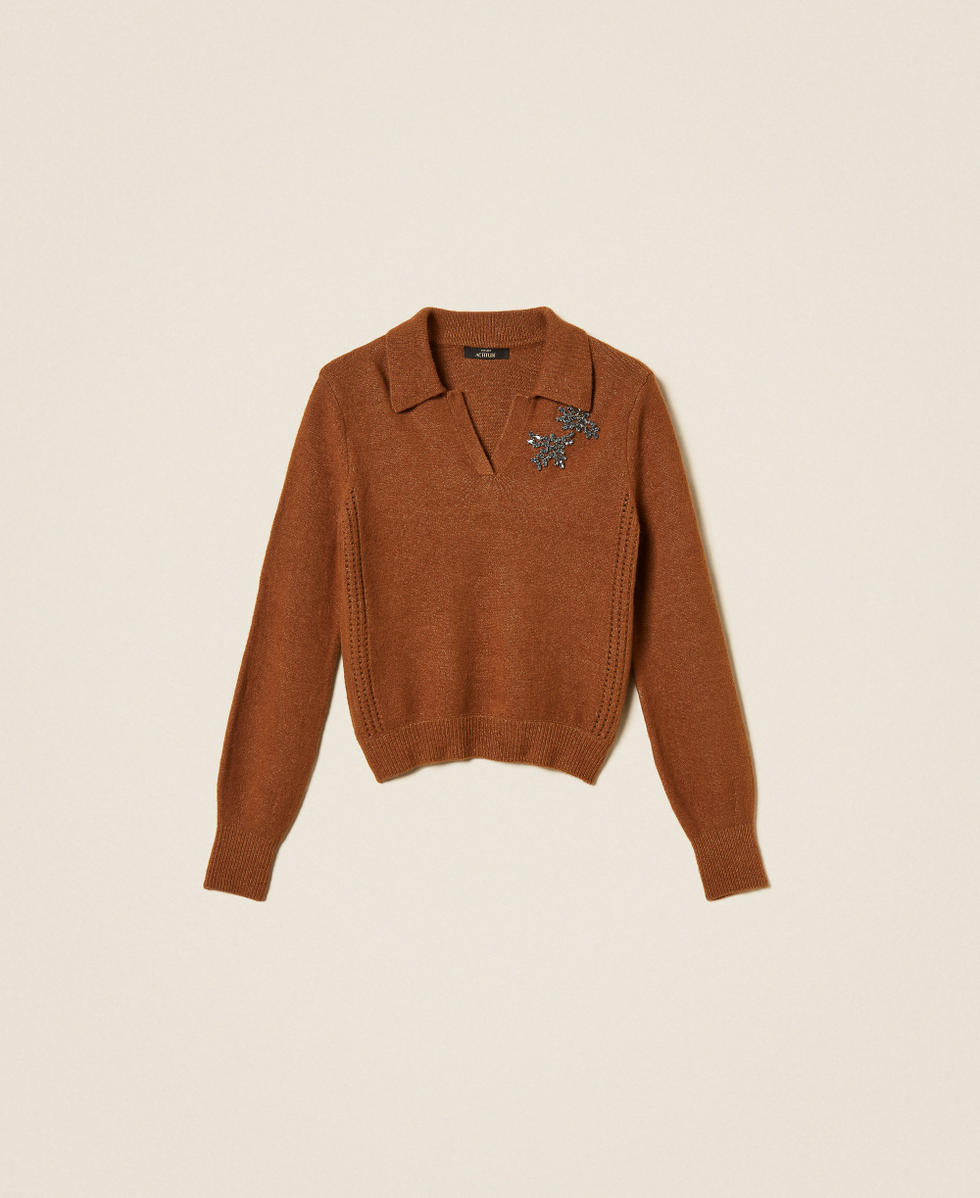 Polo collar jumper with embroidery Toffee Beige Woman 262AT3121_00605_S0
