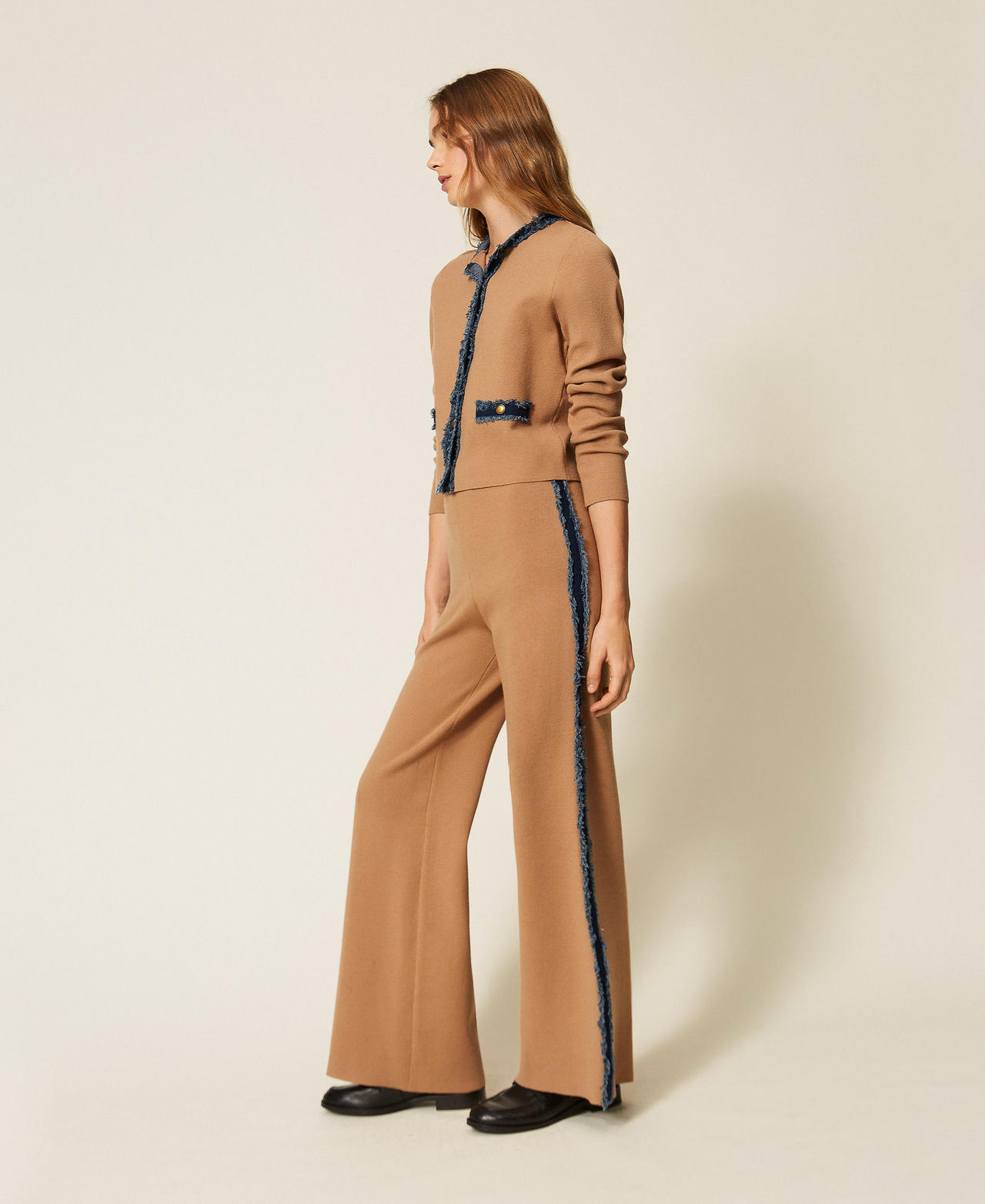 Knit trousers with denim trim "Dune" Beige/Denim Woman 262LI3GDD_13721_02