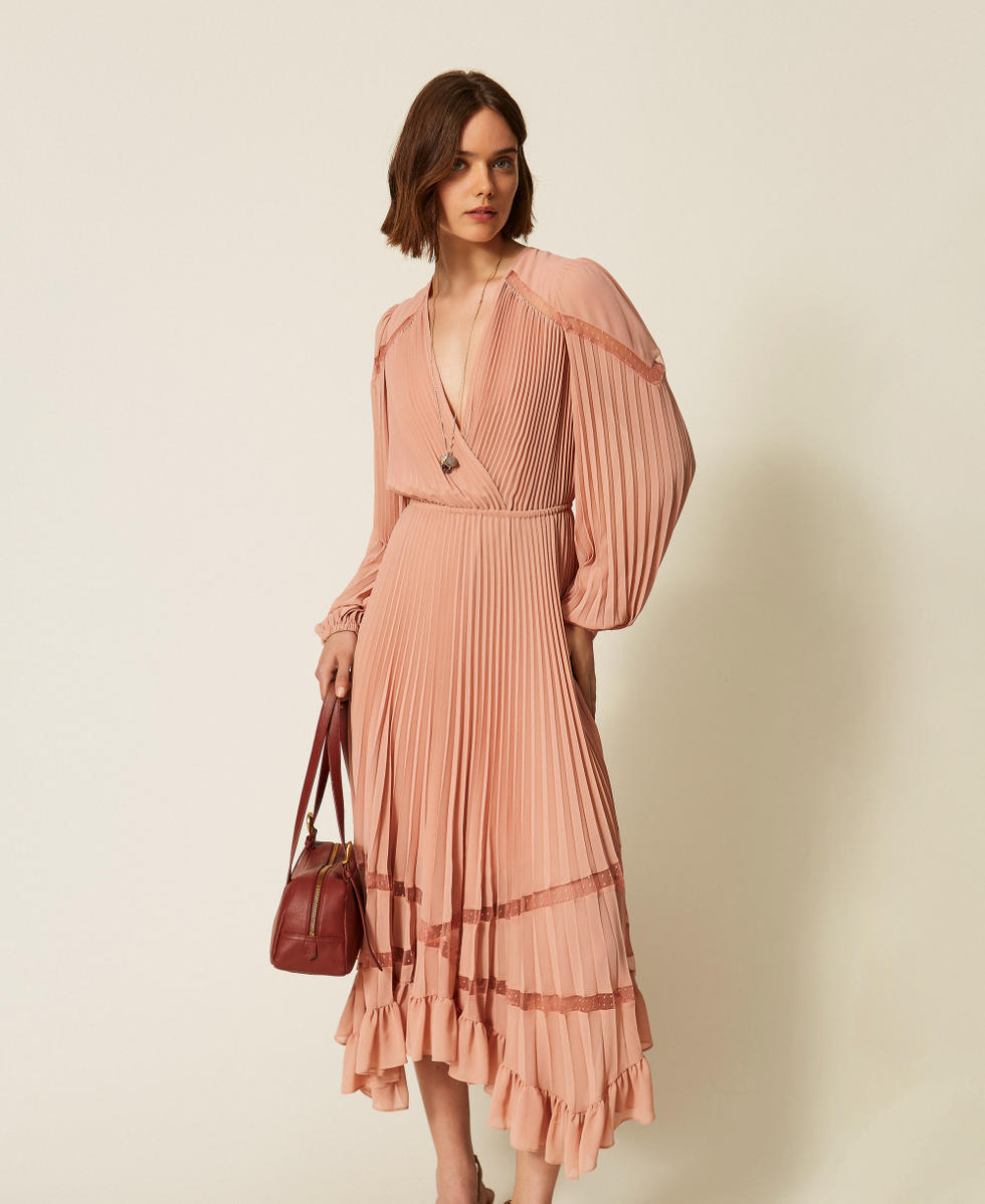 Long pleated georgette dress Dusty Pink Woman 262TP271A_00916_02