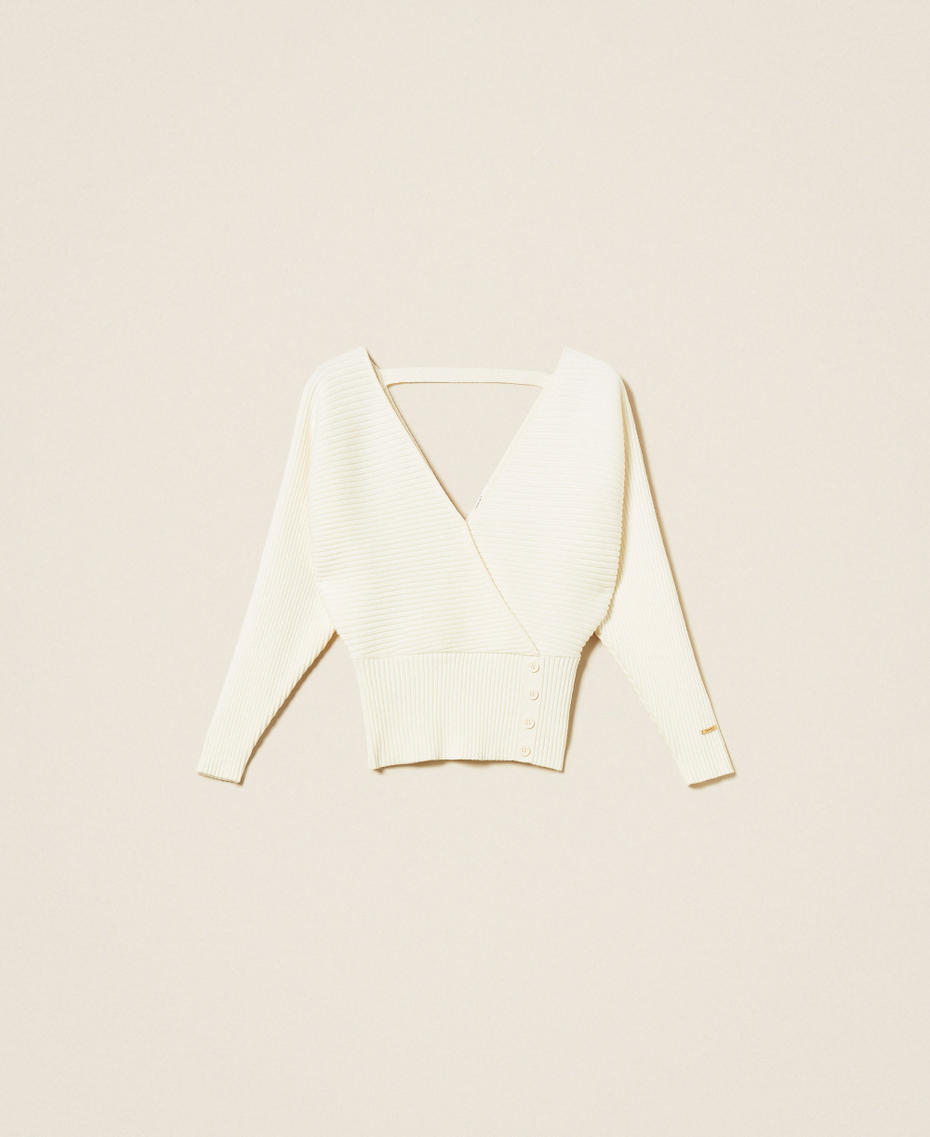 Rib knit cross front jumper Off White Woman 252LI3QBB_00526_S0