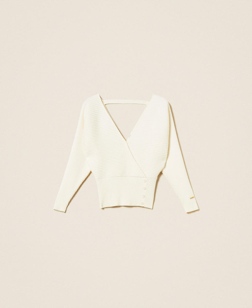 Rib knit cross front jumper Off White Woman 252LI3QBB_00526_S0