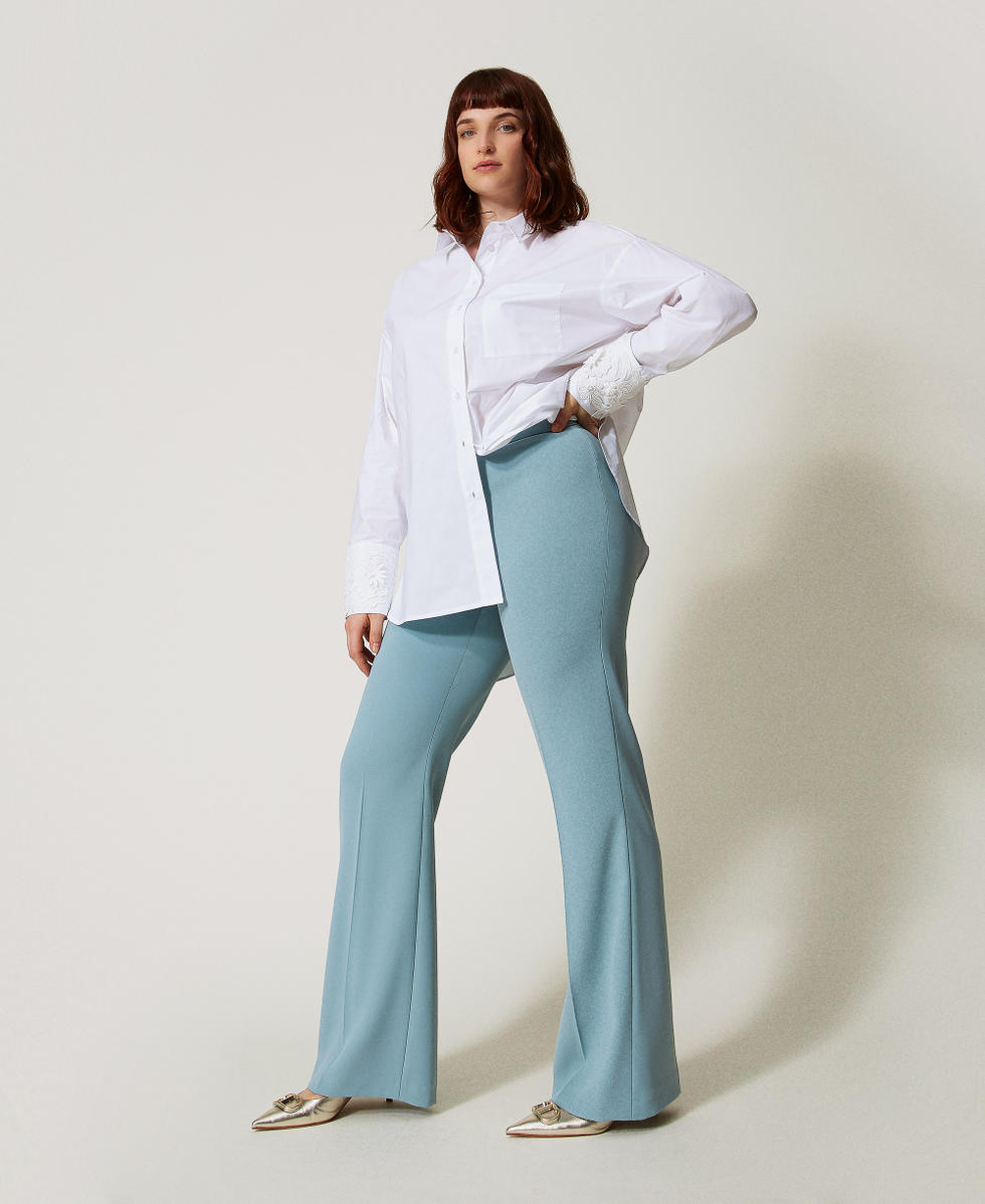 Fluid cr&ecirc;pe flared fitted leg trousers Dusty Blue Woman 251TP2106_00485_02