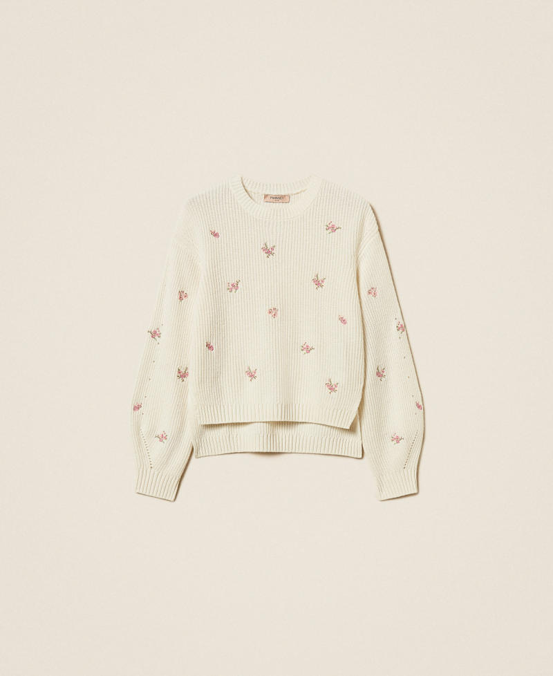 Pullover im Rippenmuster aus Wollmischung mit floralem Stickmotiv Perlmutt Frau 262TP3410_00059_S0