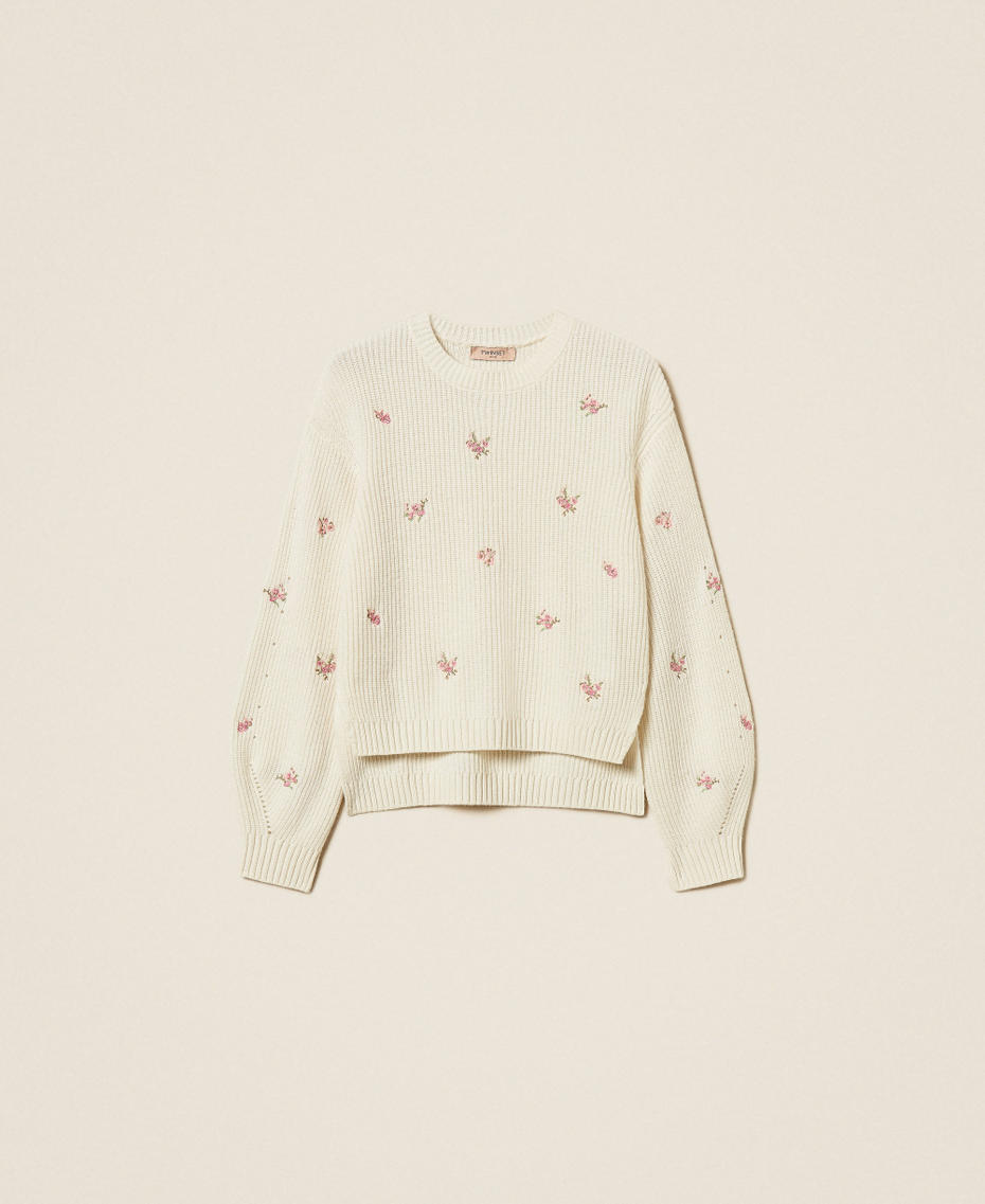 Pullover im Rippenmuster aus Wollmischung mit floralem Stickmotiv Perlmutt Frau 262TP3410_00059_S0