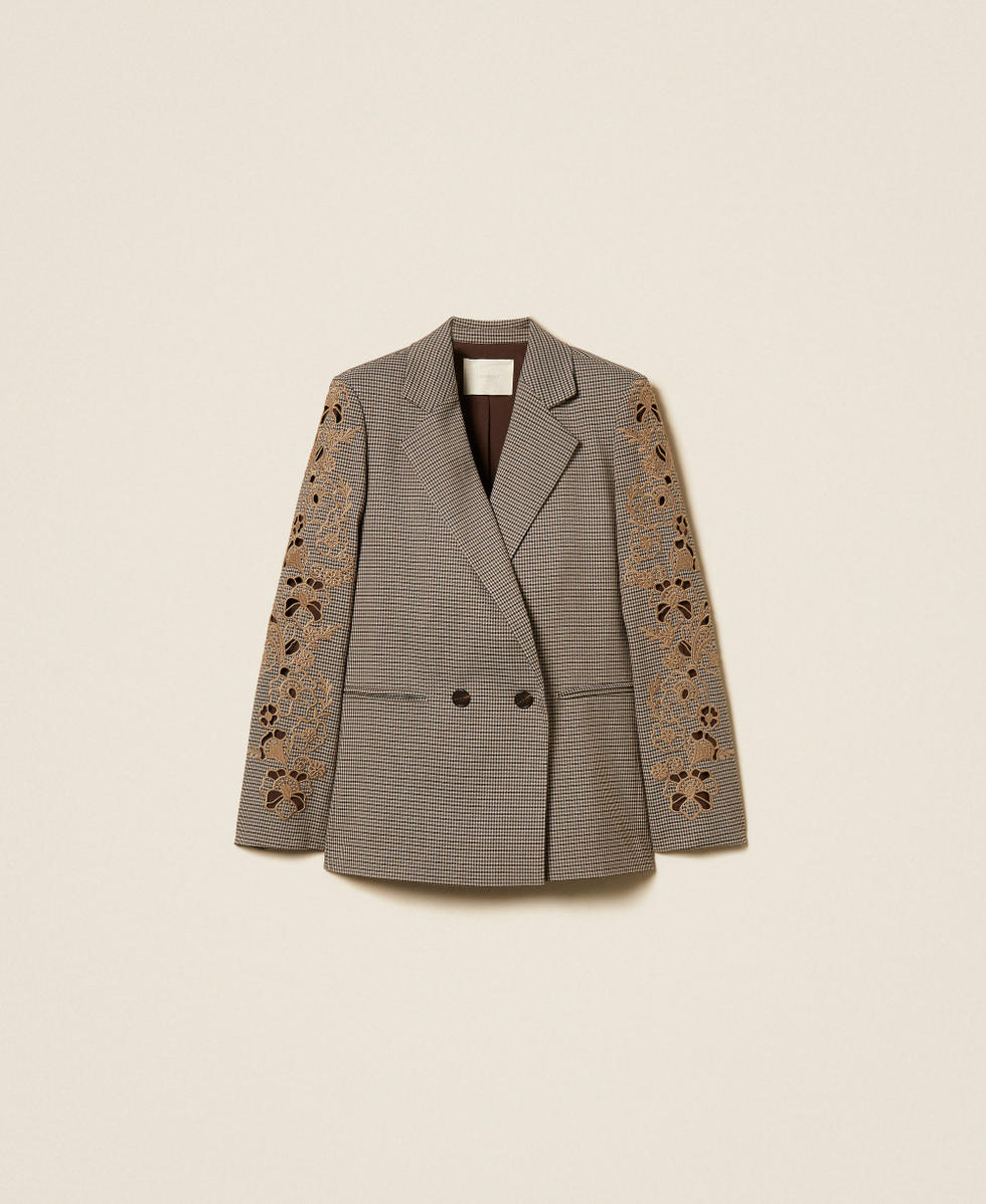 Houndstooth blazer with embroidery "Oak" Beige/Darkness Brown Houndstooth Woman 262TP2630_13828_S0