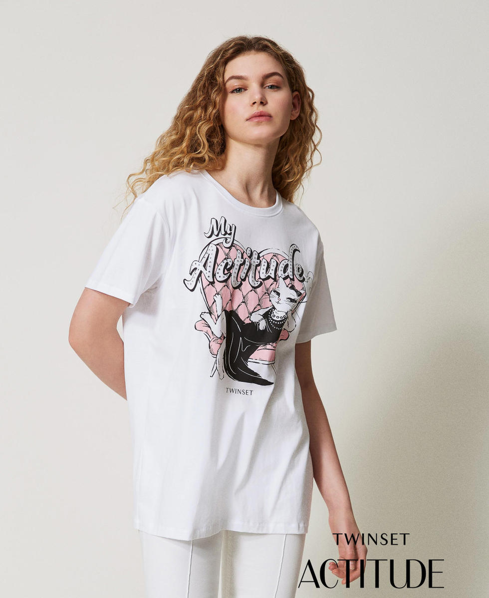 Oversized t-shirt with print and rhinestones Papers/Actitude Cat Print Woman 251AX2123_12462_PA