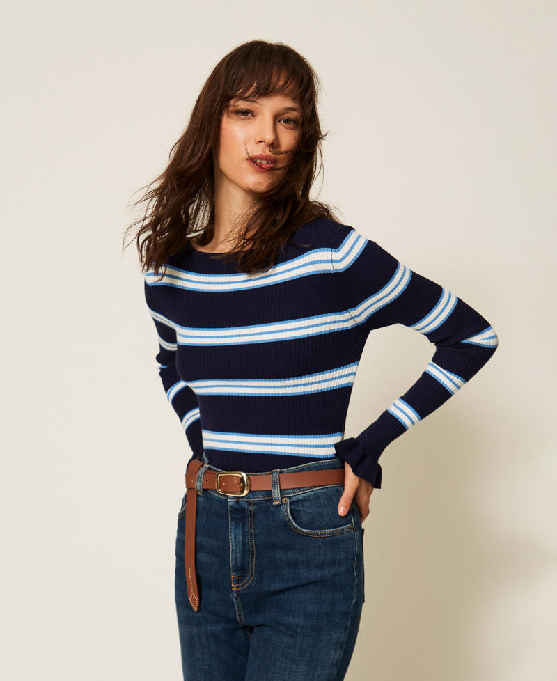 Striped jumper with ruffles Night Blue/Jasmine Blue Stripes Woman 261TP3241_13383_01