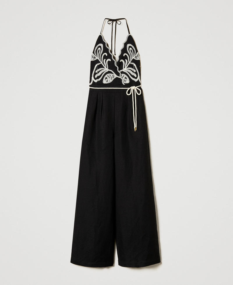 Linen blend jumpsuit with embroidery Bicolour Black / Mother-of-pearl White Woman 251LB2FAA_02710_0S